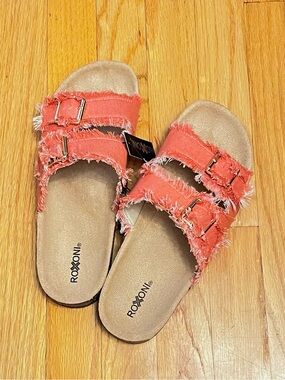 Women’s Coral Pink Denim Frayed Double-Buckle Slide Sandals